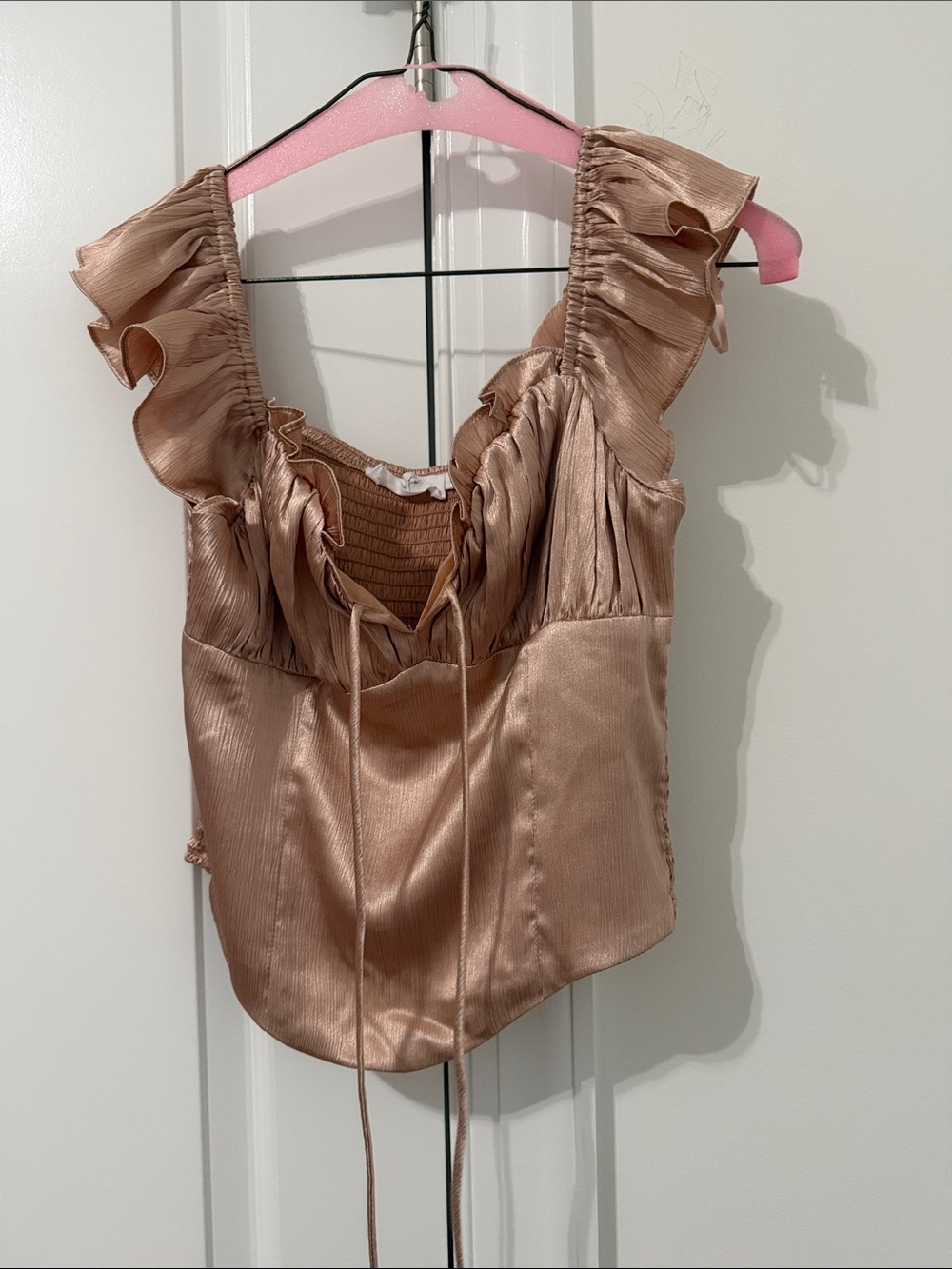 All in Favor Satin Ruffle Tie-Front Camisole in Blush Taupe